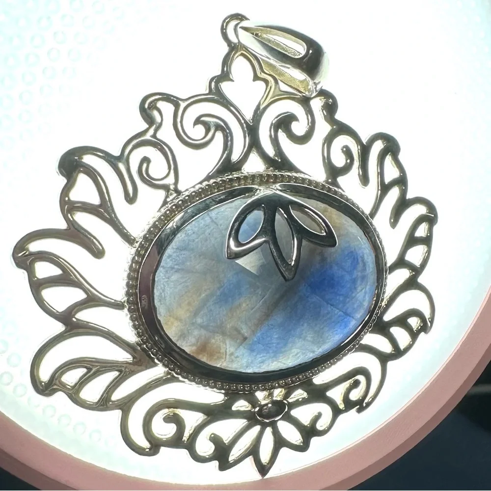 Faceted Oval Rose-cut Fancy Blue Sodalite Solid Sterling Silver Pendant